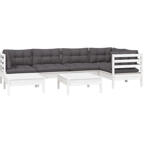 vidaXL Set Divani da Giardino 7 pz con Cuscini Bianchi Legno di Pino (1/4)