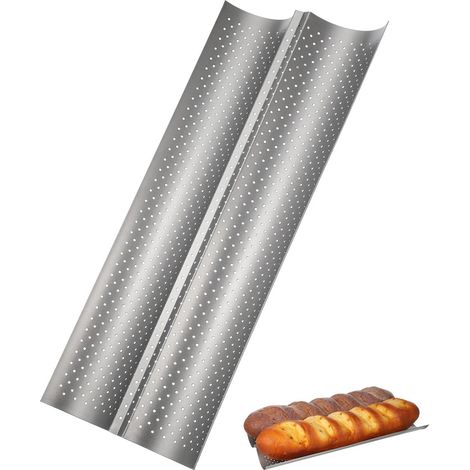 Plaque de cuisson pour baguettes - Moule à baguettes - Plaque de cuisson antiadhésive pour pain français - pour 2 baguettes - 16 x 38 x 2,2 cm - argent (1/5)