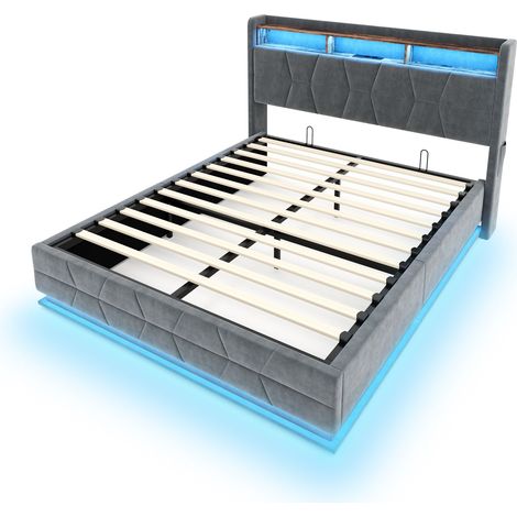 Lit multifonctionnel avec éclairage LED, étagères ouvertes, poches latérales et station de charge USB/Type-C – tête de lit de rangement avec sommier à lattes (300 kg) pour un confort maximal. 160200cm (1/5)