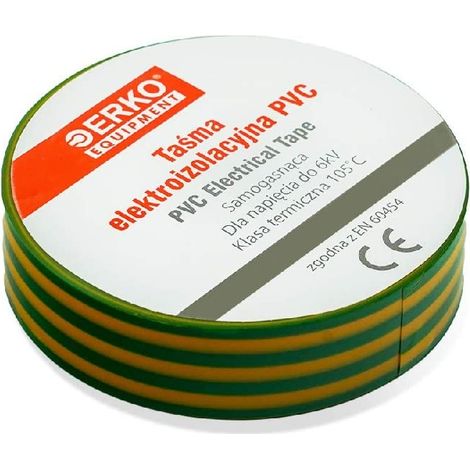 ERKO 10 pezzi di nastri isolanti elettrici professionali giallo-verde 15 mm x 10 m, per isolare fili, cavi elettrici e di telecomunicazione e per marcare fili e fasci di fili per tensioni fino a 6kV. (1/4)