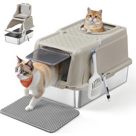Katzentoilette, Edelstahl, Schwingdeckel, Doppeleingänge, große Größe, auslaufsicheres Design, für Katzen bis 15 kg (1/5)