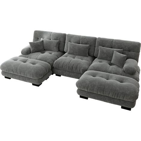 Canapé d’angle modulable en U en chenille grise avec ottomane, assise profonde, modèle Cloud (1/5)