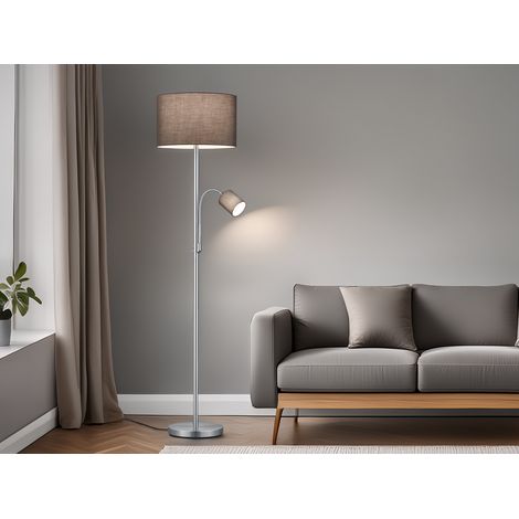 Stehleuchte HOTEL Silber mit Leselampe, Stoffschirm Grau, Höhe 170cm (1/5)