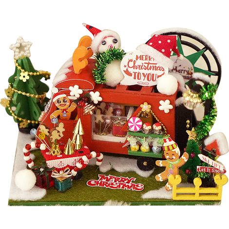 Kit Noël Maison de Poupée Thème Voiture, Maisonnette en Bois Artisanale à Monter Soi-Même, Déco Maison avec Guirlande Lumineuse (1/5)