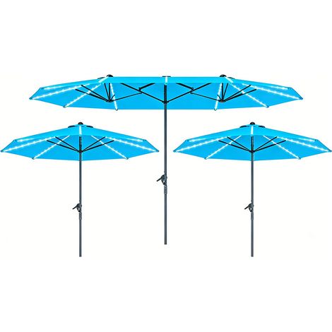 3er-Set doppelsonnenschirm mit Solar LED Lichtern 451x267 cm Aluminium UV 50+ Sonnenschirm mit Handkurbel, Balkonschirm windfest Marktschirm Sonnenschutz für Strand Balkon Garten, Blau