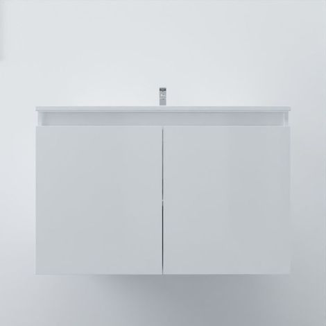 Meuble salle de bain suspendu 80 cm PROLINE - Blanc- Blanc- Plan vasque en Céramique