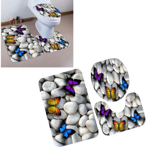 Ensemble de 3 tapis de siège de toilette en éponge de 10 mm, motif papillon et galets, chauds et absorbants, pour la salle de bain à la maison (1/5)