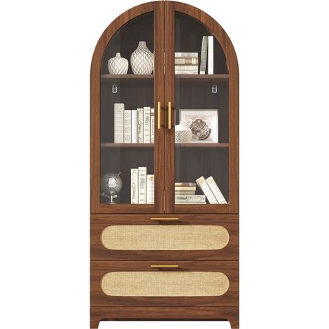 ELVMI Vitrina con 2 Cajones y 3 Estantes Ajustables, Puertas de Cristal, para Salón, MDF, 80 x 40 x 175 cm, Madera (1/5)