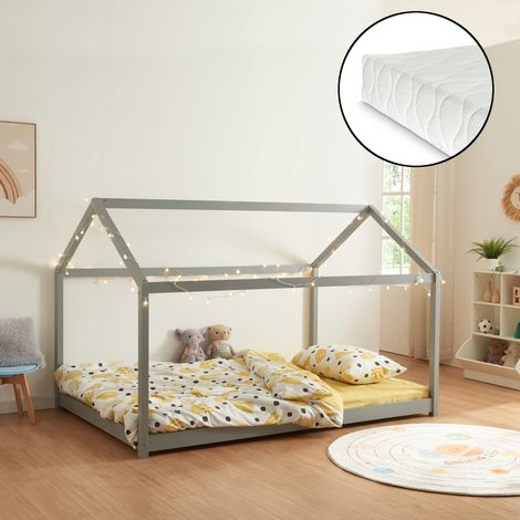 Cama para niños Cerro en forma de casa con colchón pino 140x200cm - Gris [en.casa]