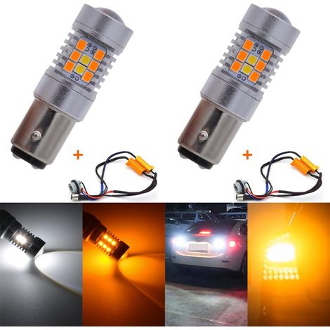 7528 1157 BAY15D 1016 1034 Ambre/Blanc LED Clignotant Clignotant Clignotant Ampoule LED avec kit de Harnais de décodeur Canbus Harnais de résistance à Charge Libre de 50W, 8 ohms