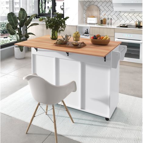 Îlot de cuisine 129x46x91.5 cm blanco y natural en MDF con tablero abatible, ruedas, cajones y estantes ajustables (1/5)