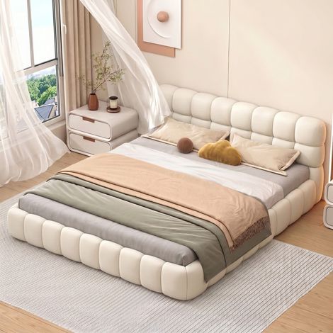 Lit double capitonné 140x200, Lit Bubble avec sommier, avec dossier moelleux,lit plat avec bordure rembourrée, lin beige (1/5)