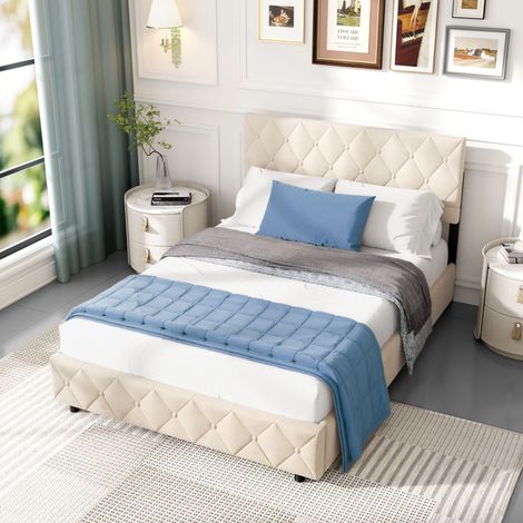 Cama tapizada 140x200 cm beige con almacenamiento HAVRYA (1/5)