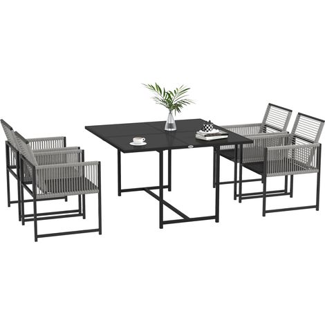 Salon de jardin avec table à manger, 4 chaises à dossier pliable et plateau en verre trempé (1/5)