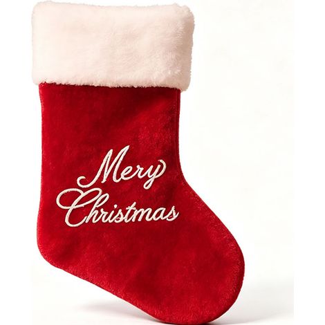 Sac‑chaussette de Noël 40x23 cm avec broderie, bord en peluche, décoration suspendue cheminée, rangement pour cadeaux fêtes de fin d’année, rouge (1/5)