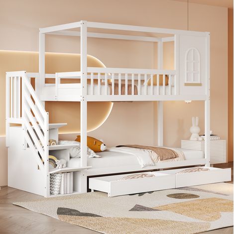 Etagenbett aus Massivholz Weiß 90x200 cm, mit Sicherheitsleiter, Lattenrosten und Stauraumschubladen (1/5)