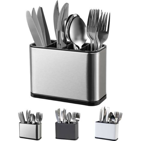 BelleRise - Porte-couverts, comptoir en acier inoxydable, porte-cuillères, plateau à couverts à 4 compartiments (argenté) (1/4)