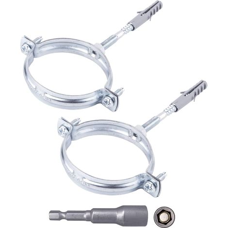 Lot de 2 Supports de tuyau, Acier zingué, Diamètre 60-64 mm, Collier de serrage, Montage mural et plafond (1/5)