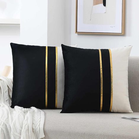 Lot de 2 45 x 45 cm, Noir et Blanc Housses de Coussin en Velours Lot de 2 Housses de Coussin Décoratives Douces avec Bordure en Cuir Doré pour Canapé, Chambre, Salon, Voiture