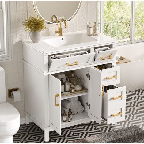 Mueble bajo lavabo 76x46,5x86 cm de MDF y metal blanco con almacenaje – MEUBLIV (1/5)