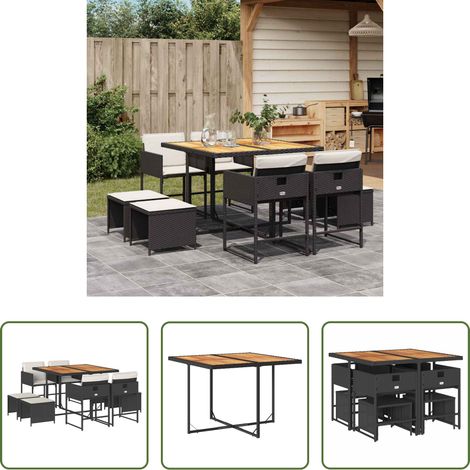 vidaXL Gartenstuhl - 9-tlg. Garten-Essgruppe mit Kissen Schwarz Poly Rattan (1/5)