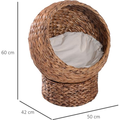 Panier pour chat en rotin, niche pour chat, maison pour chat, lit pour chat avec coussin, couchage pour animal de compagnie, jacinthe d'eau, marron, 50 x 42 x 60 cm (1/5)