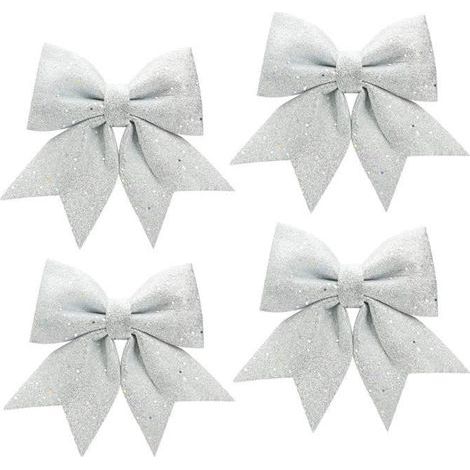 Sparkly Christmas Bow Ornaments 4 Pcs, Tree Decorations in Bow Shape for Christmas Tree - Silver (12 x 15 cm)