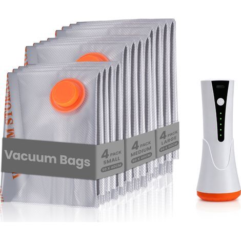 Sac Sous Vide Vetement Aspirateur et Pompe à Vide Sans Fil, Lot de 12(4 Grands, 4 Moyens, 4 Petits), Sac de Rangement Sous Vide Réutilisables pour Vêtements, Literie, Couette (1/5)