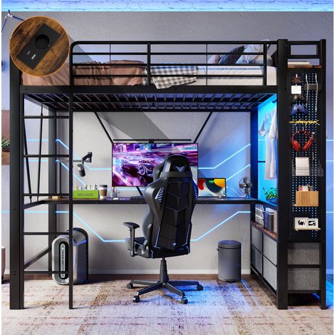 Hochbett 90x200 cm schwarz aus Metall und MDF mit Schreibtisch, Stauraum, LED und USB-C (1/5)