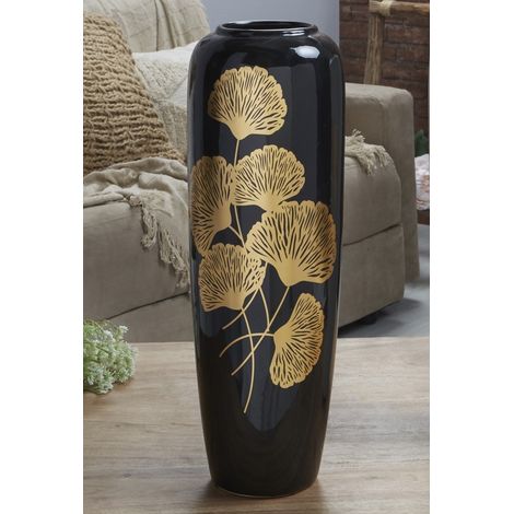 Jarron Ceram. Decorado Hojas Gingko Negro 44 Cms. 16Dx44 Cms (1/3)