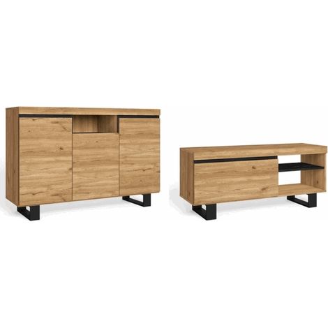 Skraut Home – Ensemble de meubles de salon buffet et meuble TV 120cm – Chêne noir nordique – Rangement avec placards – Montage facile (1/4)