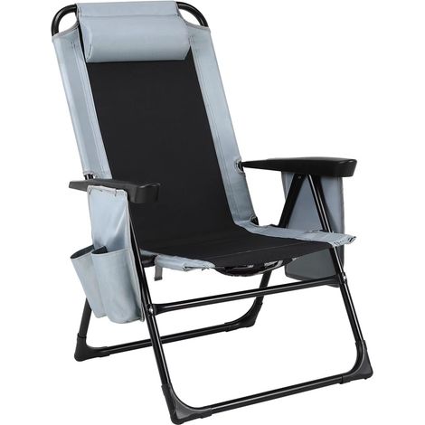 Chaise de Camping Pliable avec Dossier Réglable et Accoudoirs – Chaise de Jardin en Tissu Oxford Gris, Charge Max 140 kg (1/5)