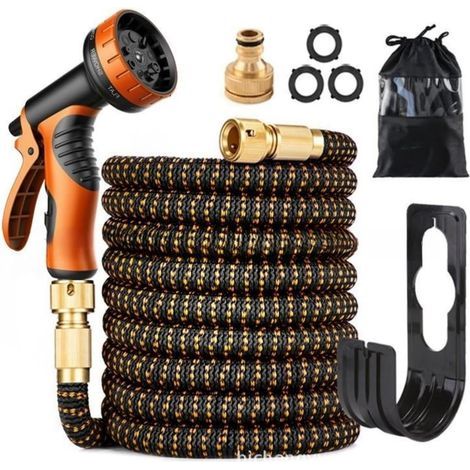Tuyau d'arrosage extensible, léger et extensible avec pistolet pulvérisateur, flexible avec sac de rangement et crochet anti-fuite pour jardin, voiture et extérieur (7,5 m) Orange (1/5)