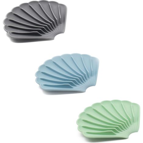 Muschelförmige Seifenschale, 3-teilig, mit selbstentleerendem Silikonboden – blau + grün + grau