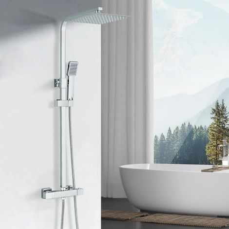Colonne de Douche Thermostatique avec Mélangeur Ensemble de Douche Réglable en Hauteur 25x25cm Pluie Pommeau de Douche Carré avec Douchette à main Chromé Acier Inoxydable (1/5)