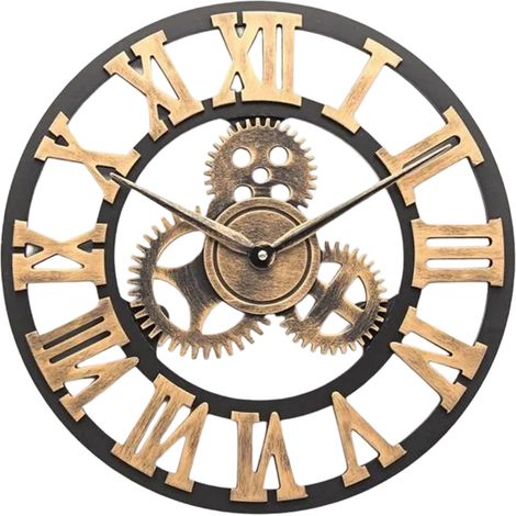 Pendeluhr, 40 cm, 3D-Antik-Quarz-Wanduhr mit Holzzahnrad, Wanduhr im Industriestil mit römischen Ziffern, luxuriöse Handarbeit (1/5)