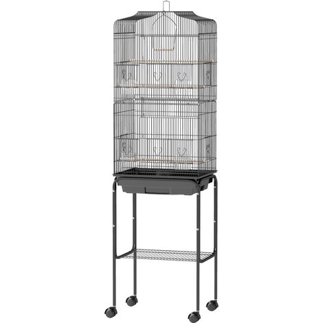 Vogelkäfig auf Beinen mit Voliere, Rollen, aufklappbarem Dach, 3 Sitzstangen, Bodenablage, 46,5 x 36 x 157 cm, schwarz
