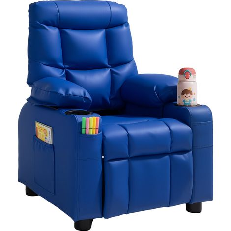 Fauteuil inclinable pour enfants, chaise relax ergonomique avec 2 porte-gobelets, 4 poches et repose-pieds, dossier réglable 107°-126°, en cuir PU facile à nettoyer, pour chambre d’enfants, bleu (1/5)