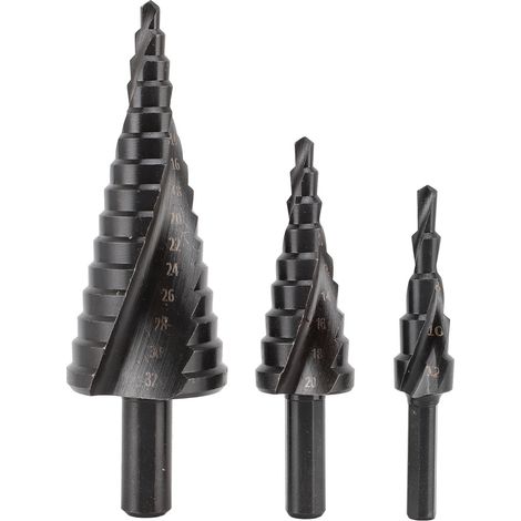 Juego de 3 brocas escalonadas en espiral de 4 a 32 mm de acero rápido HSS para taladrar placas, aluminio, metal y madera. (1/5)
