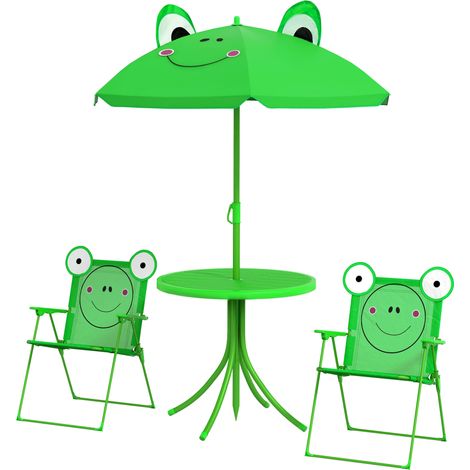 Ensemble d'extérieur pour enfants 4 pièces avec 2 chaises pliantes, parasol de jardin et table ronde, ensemble de jardin en acier et tissu Oxford, vert (1/5)