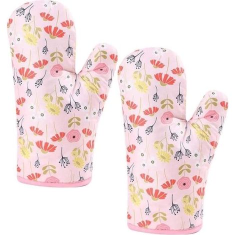 Gants de four - Anti-brûlure - Motif de fleur - Rose - 27x17cm - 2 pièces (1/4)