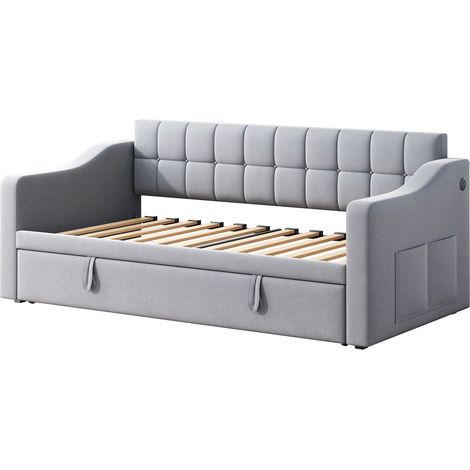 Lit banquette convertible 2 en 1 en velours gris clair 90 x 190 cm avec ports USB (1/5)