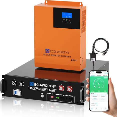 ECO-WORTHY 5,12KWh Balkonkraftwerk mit 48V (51,2V) 100Ah Server-Rack-Batterie LiFePO4 Batterie + 5000W Hybrid Inverter,mit Speicher für Solaranlage Komplettset,Haushalt (1/5)