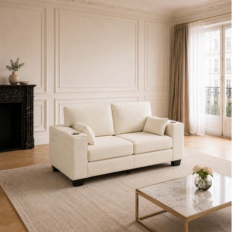 2-Sitzer-Sofa 182x76x62 cm Chenille Beige mit Getränkehaltern für kleines Wohnzimmer – MEUBLIV (1/5)