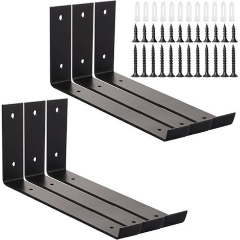 Lot de 6 supports d'étagère robustes de 225 mm (8,8 pouces) pour planches d'échafaudage, avec rebord, en métal de 4 mm d'épaisseur, fixation murale flottante, noir. (1/5)