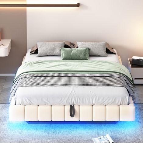 letto contenitore 160x200 LED sospeso beige OKMYHOME (1/5)