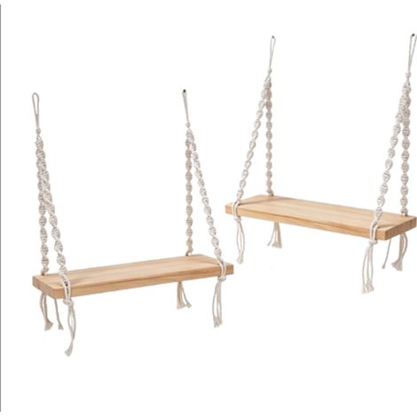 étagère Murale En Bois Avec Corde Macramé - Suspension Ajustable Sans Perage - Décoration Salon Et Plantes - Lot De 2 (1/5)
