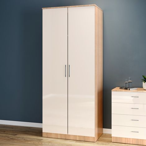 ELEGANT Soft Close 2 Door Wardrobe High Gloss with Hanging Rail and Metal Handle Cream-Oak 1780x760x450mm Bedroom Storage Furniture (1/5)