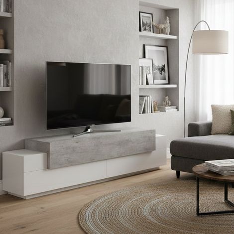 Dmora Mueble para TV para sala de estar, Made in Italy, Mueble para TV con 3 puertas y estantes, cm 200x45h52, Blanco brillante y color cemento, con embalaje reforzado (1/4)