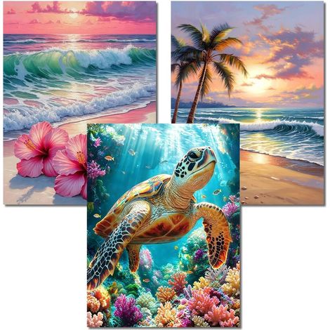 Diamond Painting Meerblick 3er Set 30x40cm 5D Strand Schildkröte Wanddeko (1/4)